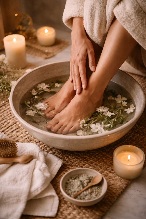 Botanical foot soak with flowers and herbs as part of a calming self-care ritual