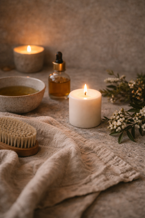 Candlelit still life with linen, botanical elements, and oil, evoking a calming self-care ritual.
