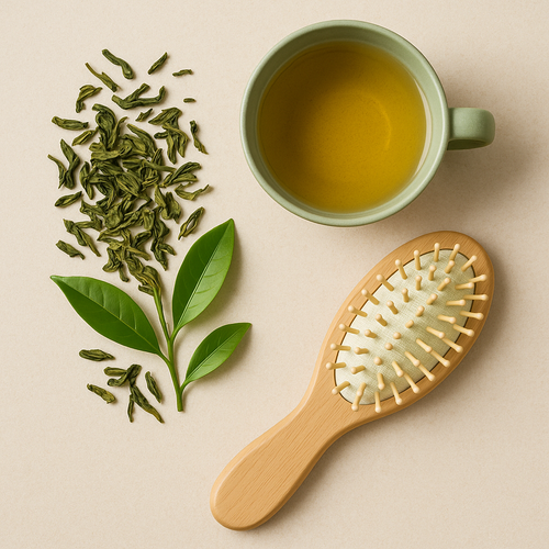 green tea leaves, cup of green tea, and hair brush