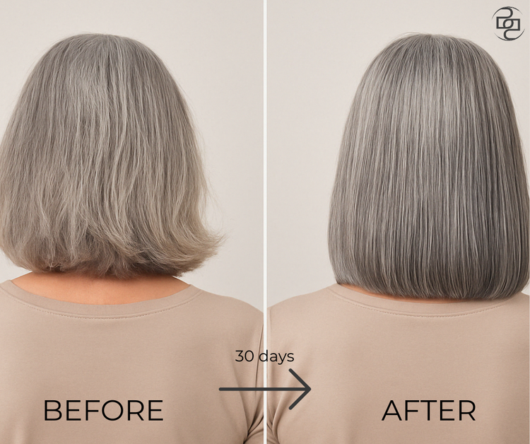 before and after photo of mature woman's hair showing improved hair texture, growth and shine