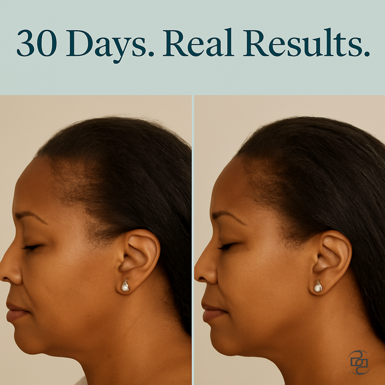 before and after photo of woman's hair showing improved growth and thickness and filling in of thin areas