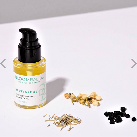 bottle of Revita+Fol adaptogenic antioxidant scalp serum next to fresh herbs