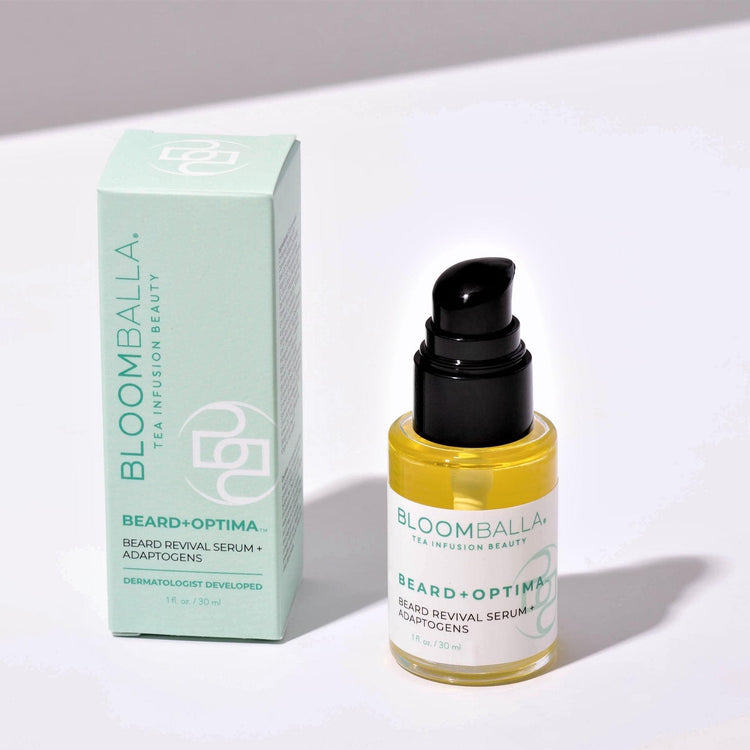 bottle and carton of Bloomballa Beauty beard growth supplement
