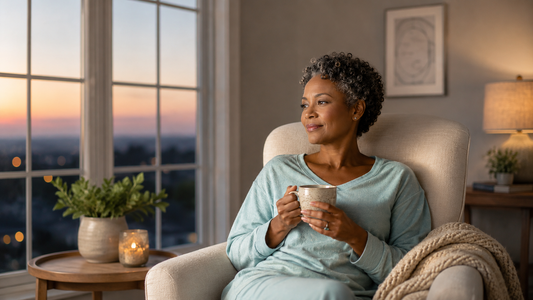 Midlife beautiful woman relaxing with a mug during a five-minute evening stress reset from Bloomballa.