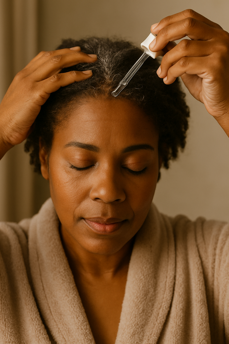 midlife woman applying scalp serum to her hair and scalp