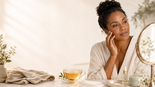Midlife woman examining her skin in a mirror during evening skincare ritual