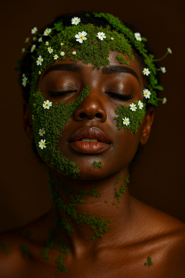 woman with beautiful glowing skin covered with adaptogenic herbs