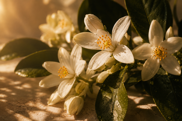 white neroli blossoms with dew dro symbolizing aromatherap, stress relief, and botanical scalp ritual wellness.