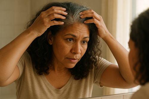 middle aged woman looking at her scalp in the mirror