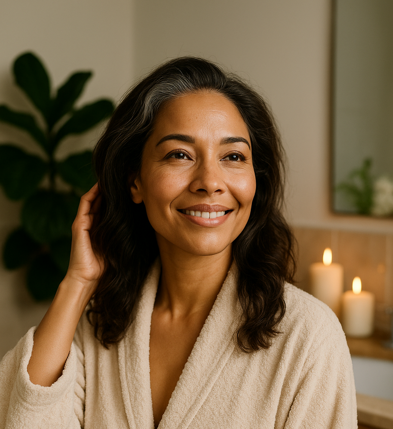 serene middle aged woman touching her hair