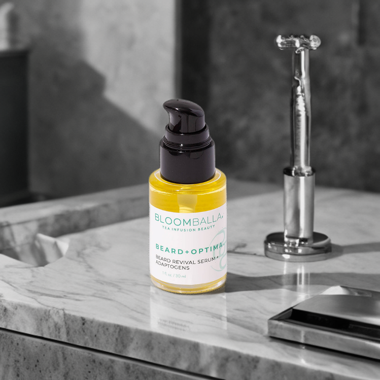 bottle of beard growth serum  on counter from bloomballa beauty