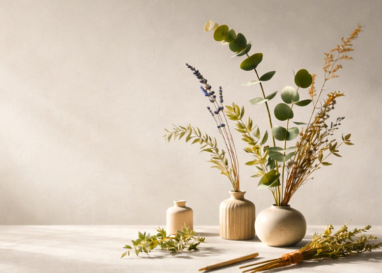 Still life of botanical ingredients in warm natural light representing adaptogen-powered rituals for stress resilience and beauty.