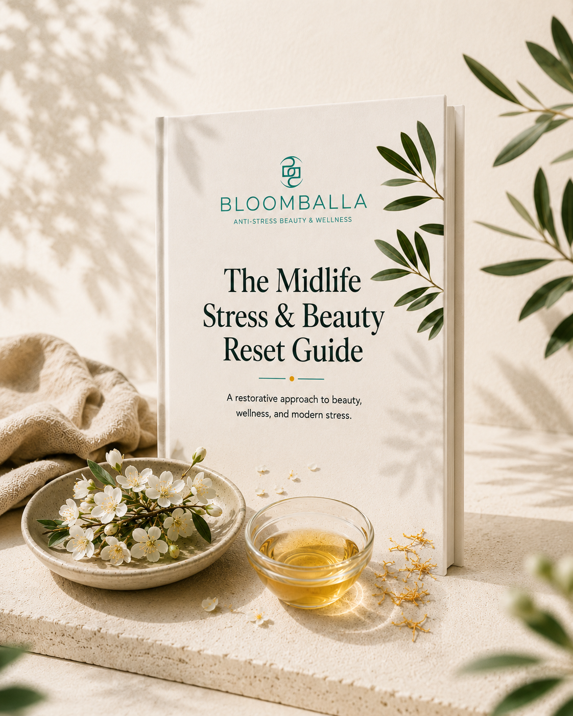 BLOOMBALLA Midlife Stress & Beauty Reset Guide cover with soft botanical wellness imagery