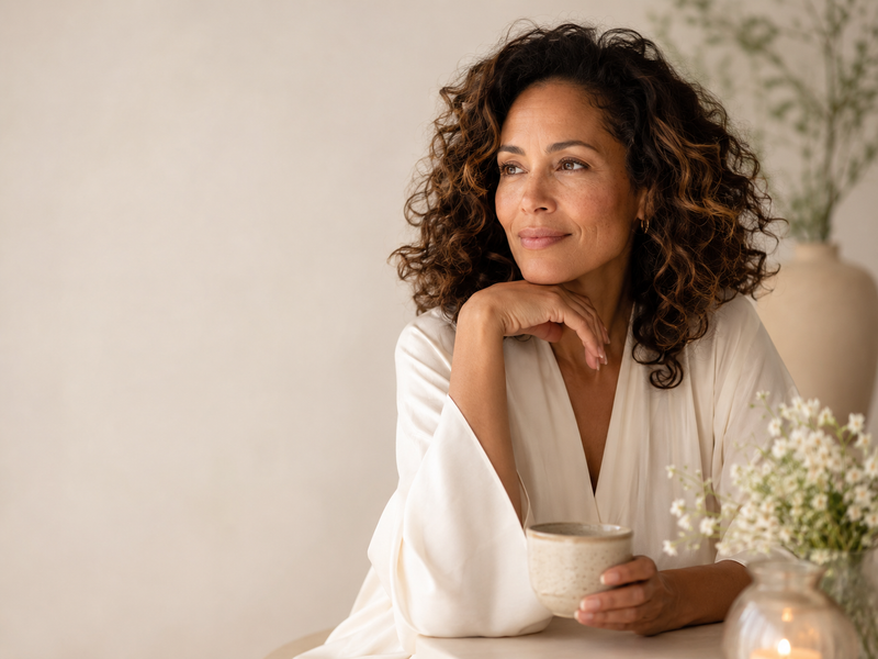Woman in a calm morning ritual with tea and soft botanicals for BLOOMBALLA’s Midlife Stress & Beauty Reset Guide