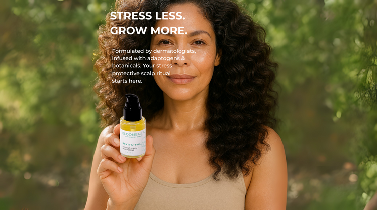 Woman holding a bottle of hair care product scalp serum with text about stress relief and hair growth promotion.