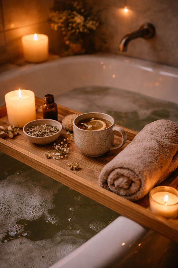 Evening reset ritual with candles, tea, bath, towel, and botanicals for BLOOMBALLA’s Midlife Stress & Beauty Reset Guide
