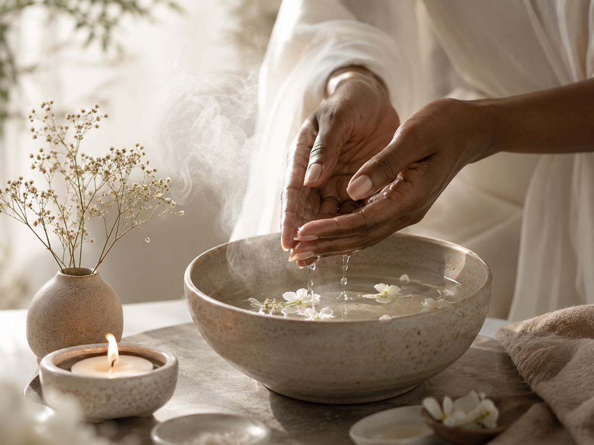 Hands in a restorative beauty ritual with water, candle, and botanicals for BLOOMBALLA’s Midlife Stress & Beauty Reset Guide