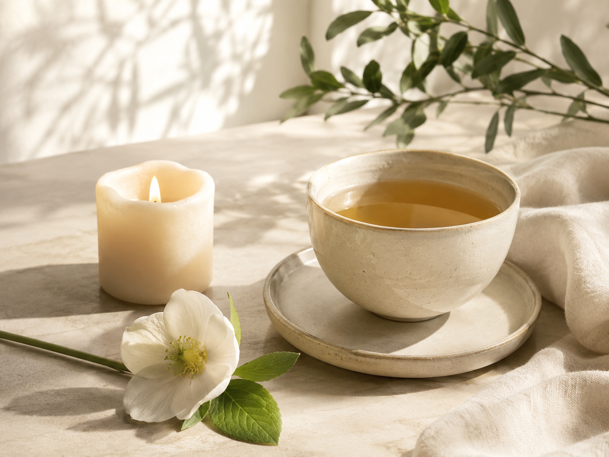 A calming tea, candle, and white flower ritual scene for BLOOMBALLA’s Midlife Stress & Beauty Reset Guide